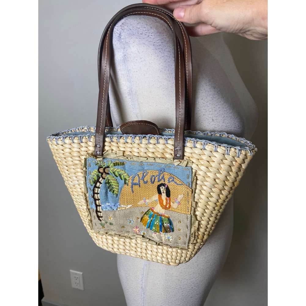 Q&A Aloha Hula Dancer Straw Tote Bag Y2K Woven Handbag Blue Lining Beach Bag